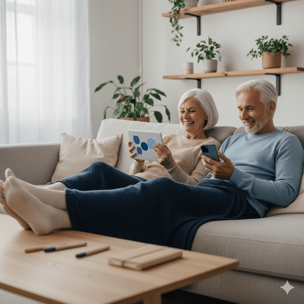 Couple de seniors heureux utilisant une tablette et un smartphone